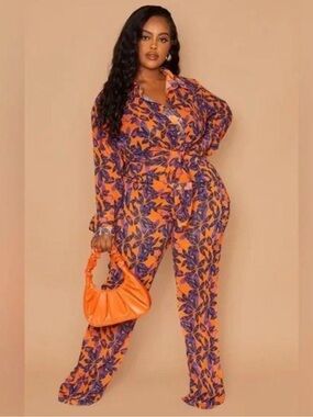 PrettyLittleThing Orange & Purple Floral Pant Suit Top and Bottom